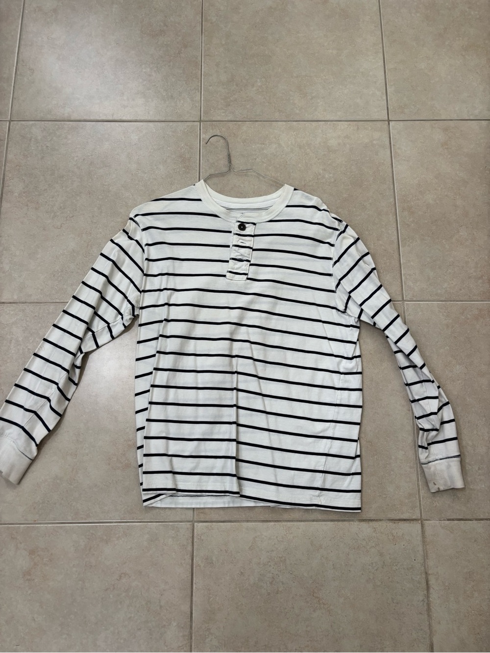Old Navy White Long-Sleeve Henley with Black Stripes